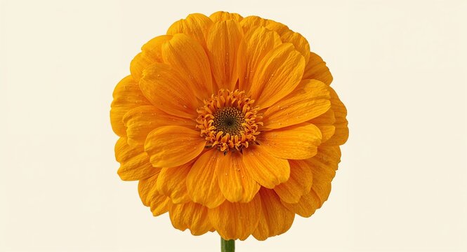 A close up of a vibrant orange zinnia flower with a green stem against a light cream background