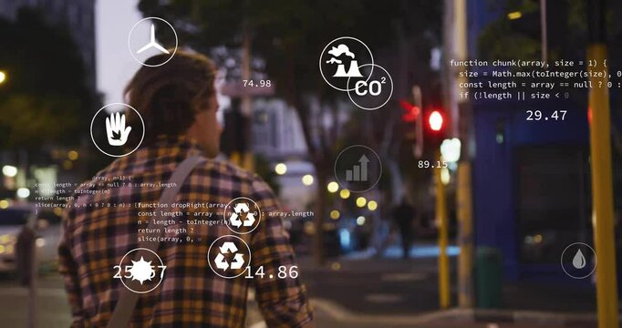 man waiting then pushing bicycle across street while showing floating icons updating eco metrics
