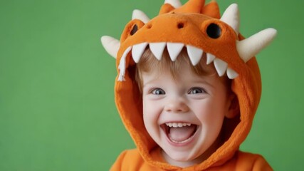 Joyful child in orange dinosaur costume against green backdrop. - Powered by Adobe