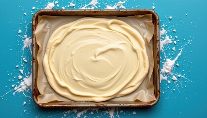 Smooth Creamy Batter Spread Evenly in a Baking Tray on a Bright Blue Kitchen Surface