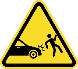 Car accident pedestrian warning sign. Black on yellow background. Safety signs and symbols.