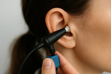 Close up of a woman undergoing an ear examination with a medical device for hearing or auditory health assessment