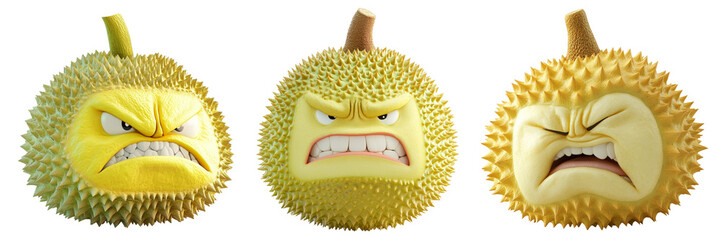 Set of cute durian fruit with angry face isolated on a transparent background