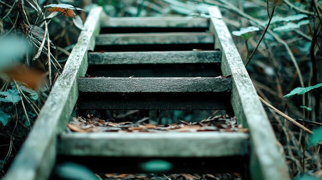 A close-up view of a weathered wooden ladder surrounded by green foliage, leading upwards in a natural, outdoor setting.
