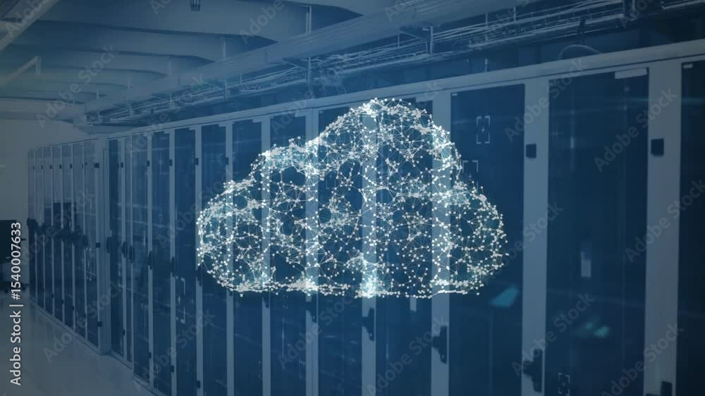 Poster on data stream start, data points coalescing into cloud then forming padlock showing security