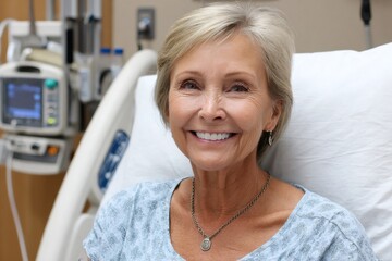 Senior patient smiling in hospital bed shows positive recovery progress