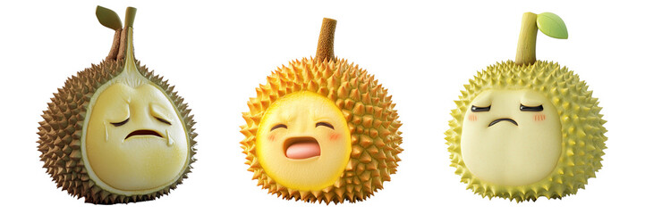 Set of cute durian fruit with crying face isolated on a transparent background