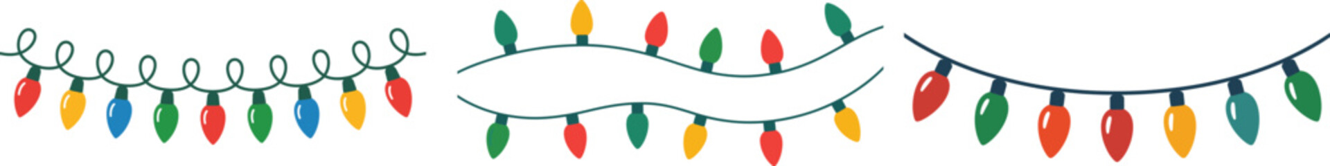 Illustration of a string of christmas lights with red green and yellow bulbs on a white background