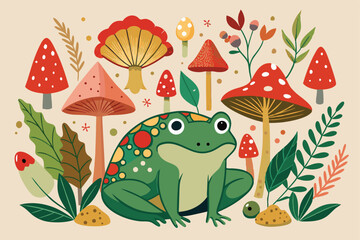 Charming Frog Surrounded by Whimsical Mushrooms and Foliage in a Flat Style