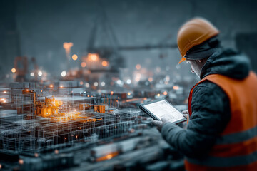 Futuristic construction worker managing site with digital tablet