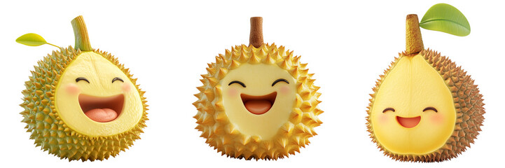 Set of cute durian with smiling face isolated on a transparent background