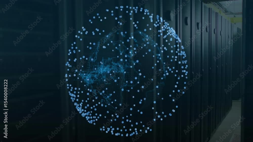 Poster translucent globe appearing before server racks, rotating and revealing filaments showing data flow