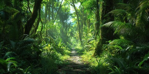 Fototapeta premium A dense, lush tropical forest path illuminated by sunlight filtering through tall trees and abundant green foliage.