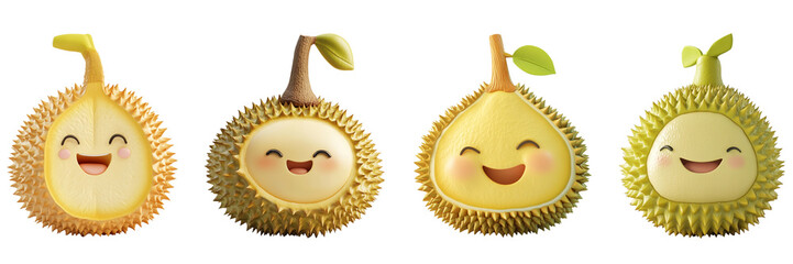 Set of cute durian with smiling face isolated on a transparent background