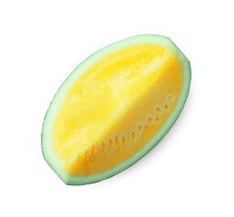 Slice of tasty yellow watermelon isolated on white, top view