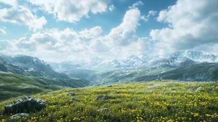 Blossom meadow with yellow wildflowers under a bright blue sky with fluffy clouds and snow-capped mountains in the background.
