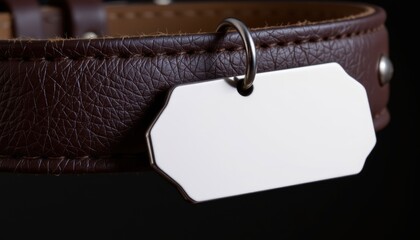 Closeup of Empty Brown Leather Pet Collar with Blank Tag Isolated on Black Background