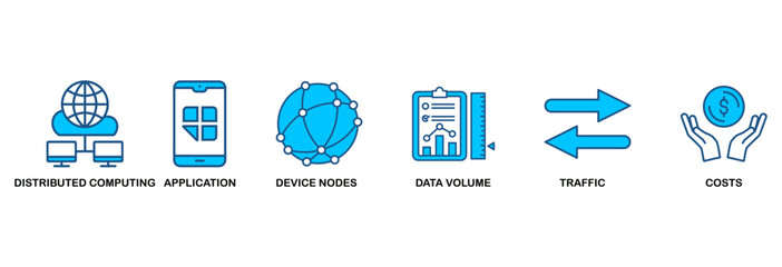 Edge computing icon set vector illustration concept with icon of distributed computing, application, device nodes, data volume, traffic and reduce costs�