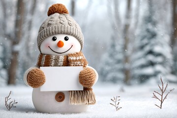 Snowman holding blank sign in snowy winter wonderland