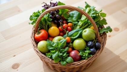 Vibrant assortment of fresh fruits and vegetables in a wicker basket on a wooden table