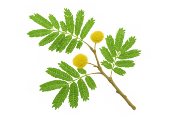 Sprig of albizia julibrissin showing compound leaves and fluffy yellow flowers on transparent background, ready for your design projects