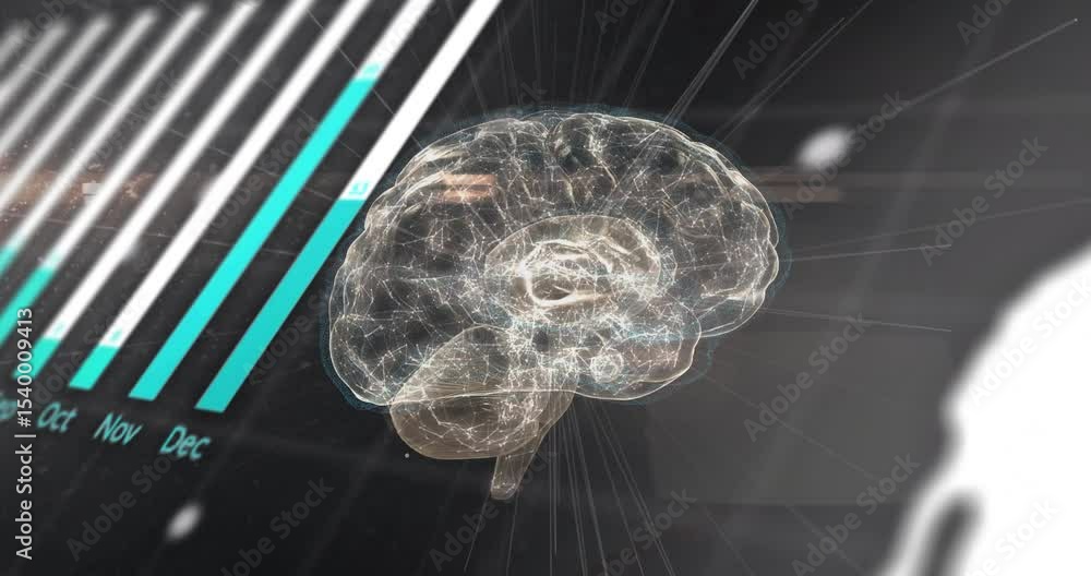 Poster 3d brain rotating shifting bars scrolling code spinning pie and emerging globe visualizing data