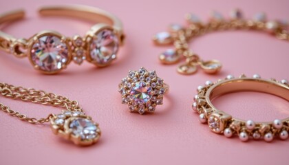 Elegant Collection of Gold Jewelry Featuring Rings and Bracelets on Pink Background