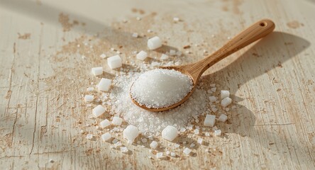 A wooden spoon holding a pile of salt crystals on a distressed surface in bright natural light