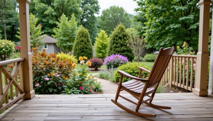 Obraz premium Rustic Rocking Chair on Covered Porch Overlooking a Vibrant Flower Garden in Tranquil Setting