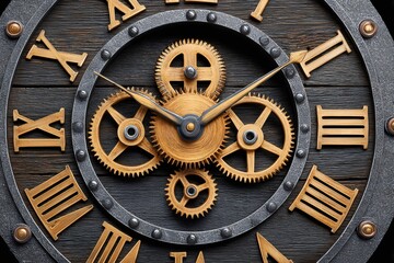Obraz premium Clock face with roman numerals and visible gears showing time passing