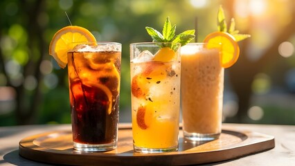 A unique summer drink - three glasses (iced black coffee with orange juice, iced lychee with soda, and a passion fruit smoothie)
