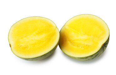Halves of ripe yellow watermelon isolated on white