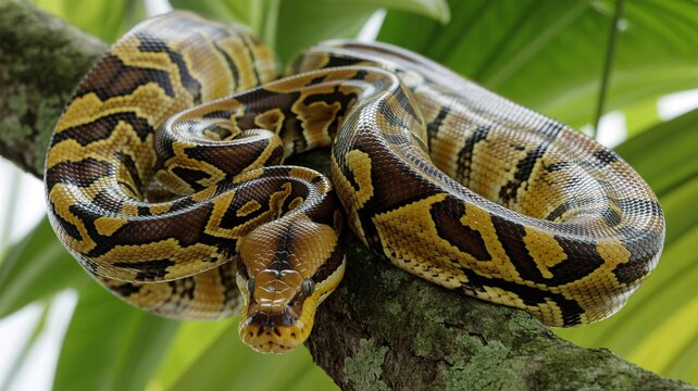 A vibrant yellow and brown python rests gracefully on a tree branch amidst green foliage.