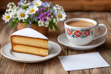 Slice of sponge cake with icing sugar, coffee and flowers on wooden table with blank card