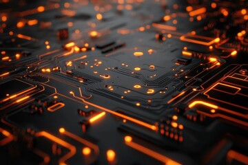 Close-up of glowing orange circuit board