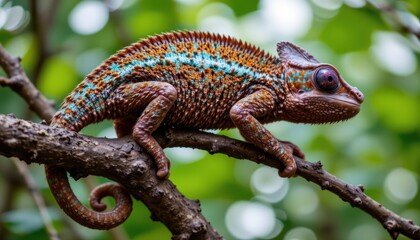 Obraz premium Colorful Chameleon Resting on a Branch Surrounded by Lush Green Foliage in the Forest