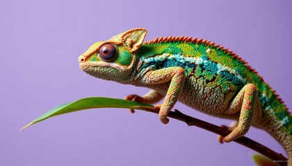 Colorful Gecko Lizard Resting on Green Leaf Against Purple Background in Natural Light