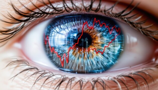 Closeup of a Human Eye with Abstract Financial Data Reflected in the Iris Representing Trends