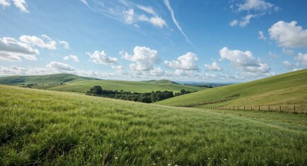 Obraz premium A scenic view of grassy hills under a bright blue sky with white clouds on a sunny day outdoors