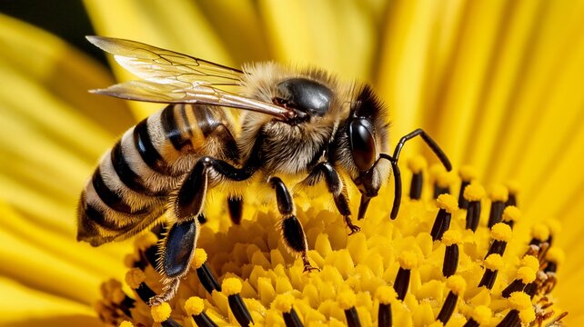 Close-up of a bee collecting nectar on a vibrant yellow flower under natural light.