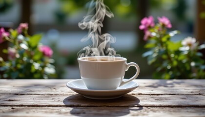 Steaming Cup of Coffee on a Wooden Table Surrounded by Flowers in a Bright Outdoor Setting