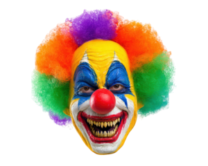 Scary horror clown mask with colorful rainbow afro wig, yellow face paint, blue eye makeup, red nose, and creepy sharp teeth, isolated on transparency background