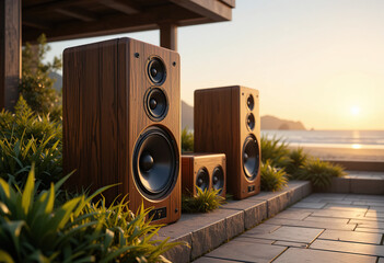 Vintage wooden speakers on outdoor patio at sunset by the sea, perfect for premium audio and lifestyle settings