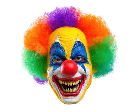 Scary horror clown mask with colorful rainbow afro wig, yellow face paint, blue eye makeup, red nose, and creepy sharp teeth, isolated on transparency background