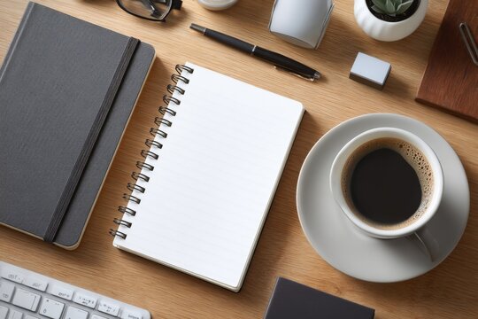 Workspace flat lay featuring blank spiral notebook, coffee cup, pen, keyboard, journals, and glasses on wood desk surface