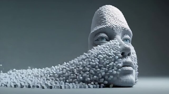 Face Sculpture Particles Dissolving Statue Head Abstract Art White Surface Design