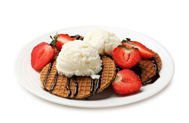 Tasty Dutch waffles (stroopwafels) with strawberries, ice cream and chocolate sauce isolated on white