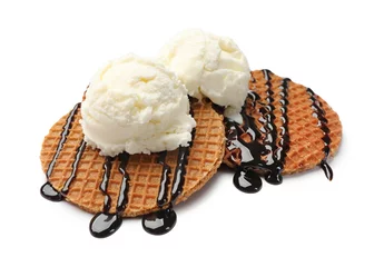 Fototapeten Tasty Dutch waffles (stroopwafels) with ice cream and chocolate sauce isolated on white © New Africa