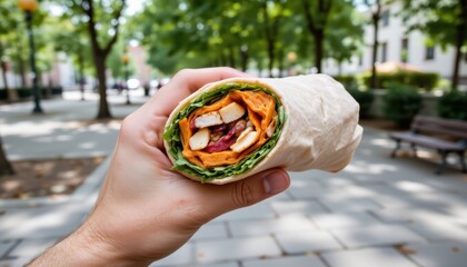 Hand Holding A Delicious Vegetarian Wrap Surrounded By Lush Urban Park In Daylight