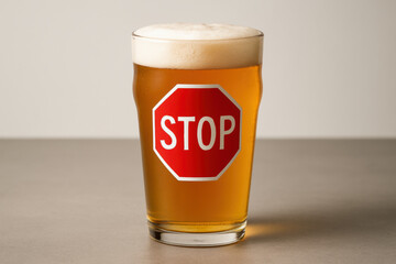 Pint glass filled with foamy beer displaying a prominent stop sign symbol, emphasizing responsible drinking and alcohol awareness